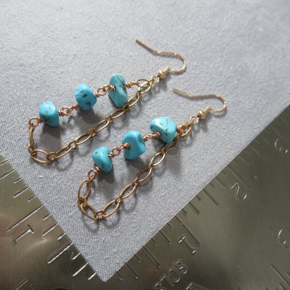 Turquoise Rain Chain Earrings, Sky Blue Turquoise on Copper - Picture 4 of 5
